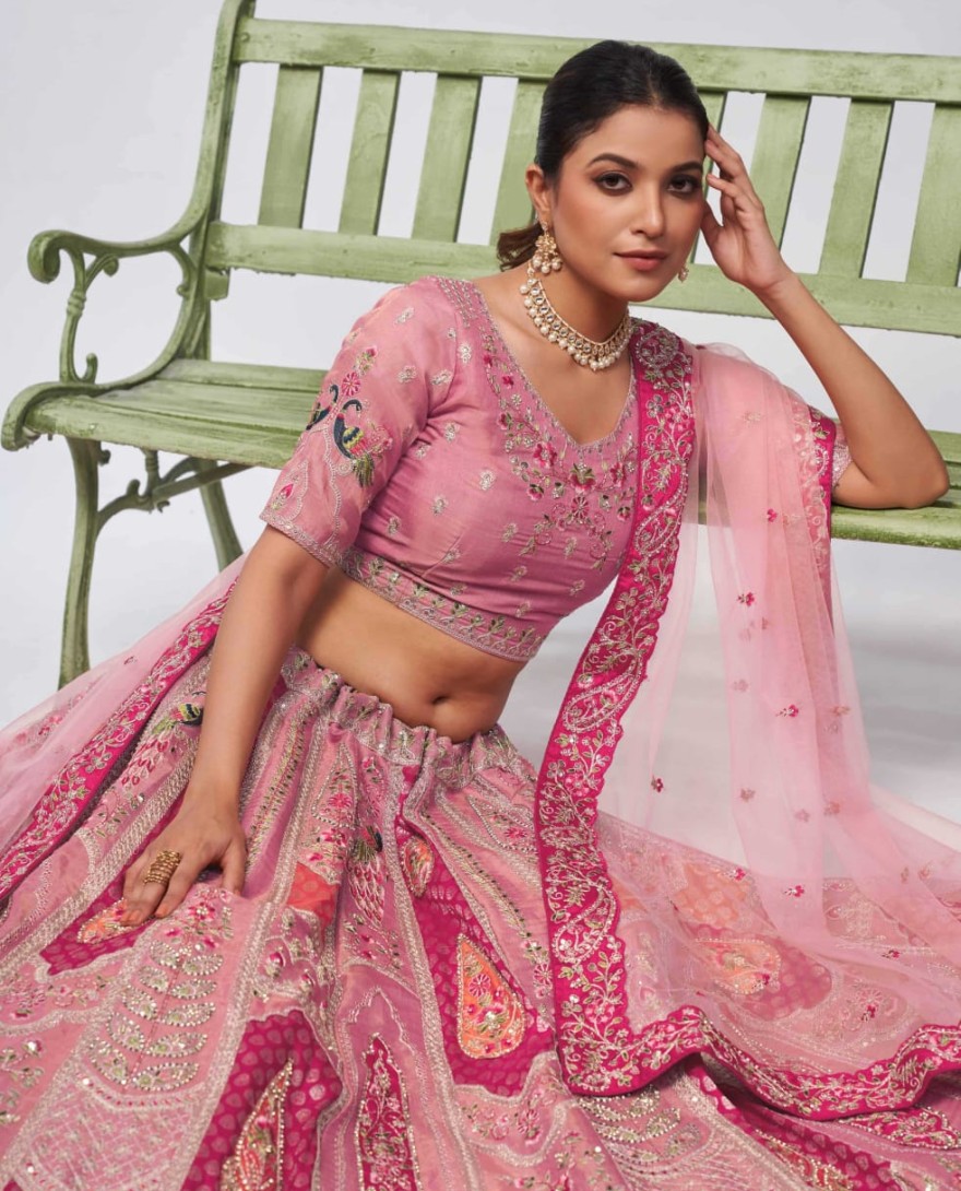 492 Pink - Pretty Pink paisley Motifs traditional embroidered wedding Lehenga